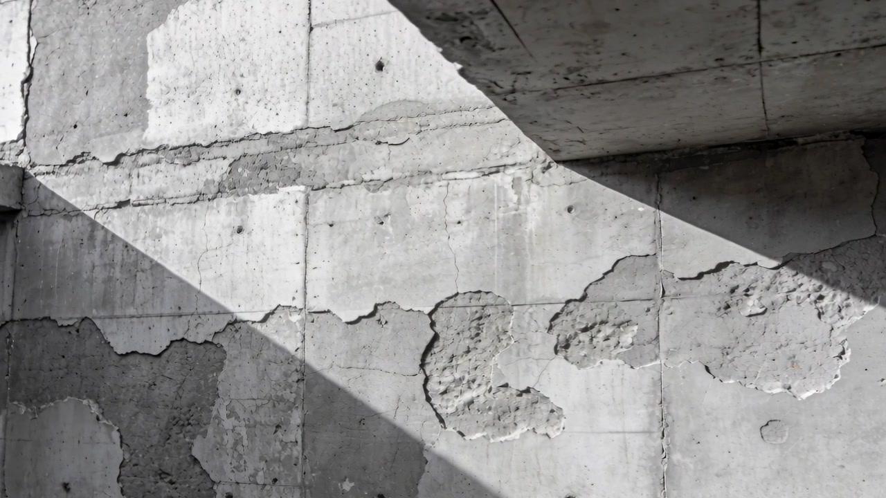Luce solare mutevole che proietta un'ombra diagonale lungo una parete di cemento in un sottopassaggio, rivelando le giunture dei pannelli.
