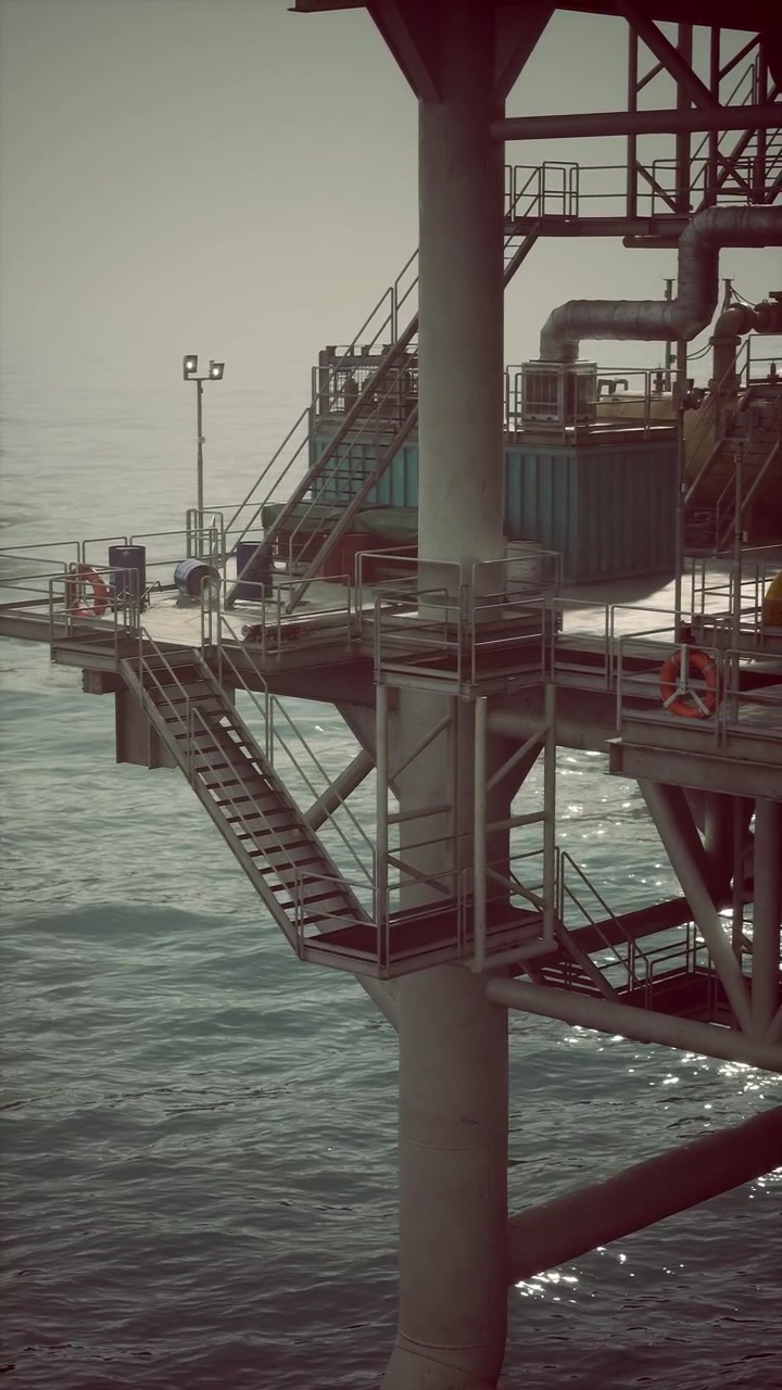 Udforskning af de komplekse detaljer ved en olieboreplatform omgivet af åbent vand