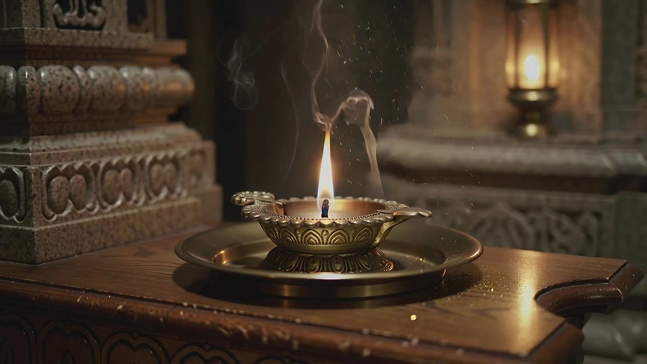 Wick burning ornate brass oil lamp emitting smoke at shrine altar for devotion, camera pulling back