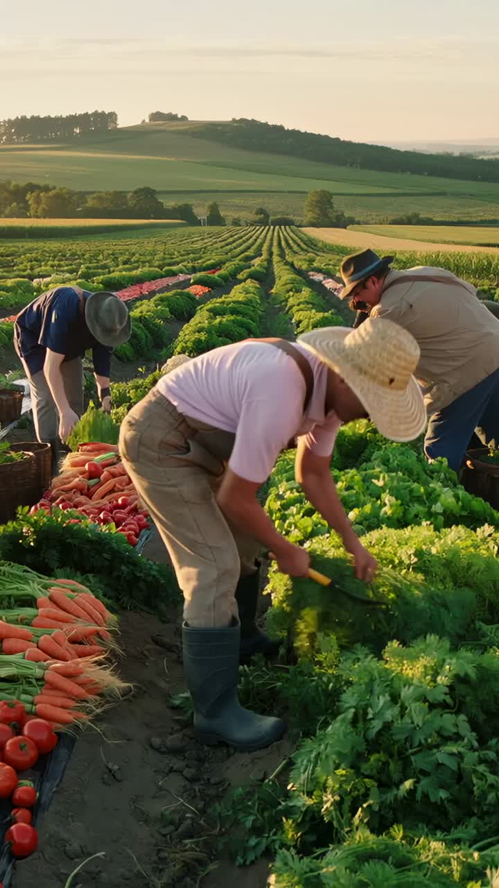 Vertical video: Harvesting farmworkers slicing lettuce at dawn in field, with sickle and crates