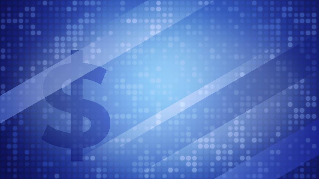 Blue corporate business background with dollar symbol. Dynamic motion gradient lines and flashing dots. Looped animation. Copy space.