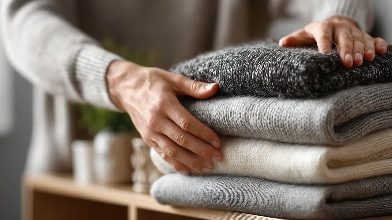 Organizing Soft Knitted Sweaters on a Wooden Shelf: A Cozy Scene Featuring Neatly Folded Textiles and a Touch of Greenery in a Warm Atmosphere