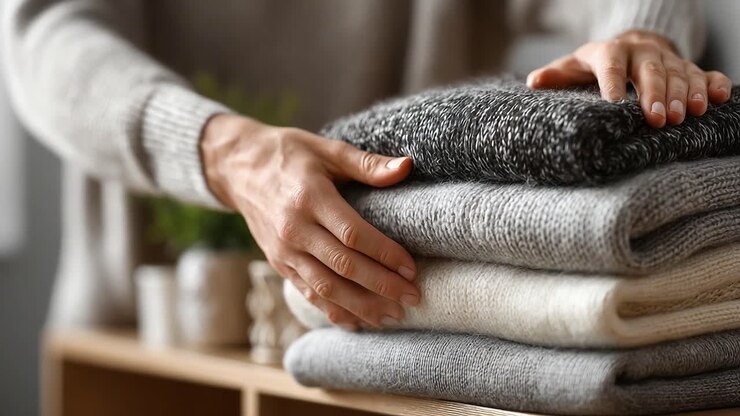 Organizing Soft Knitted Sweaters on a Wooden Shelf: A Cozy Scene Featuring Neatly Folded Textiles and a Touch of Greenery in a Warm Atmosphere