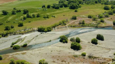 river in summer with trees and grassy banks