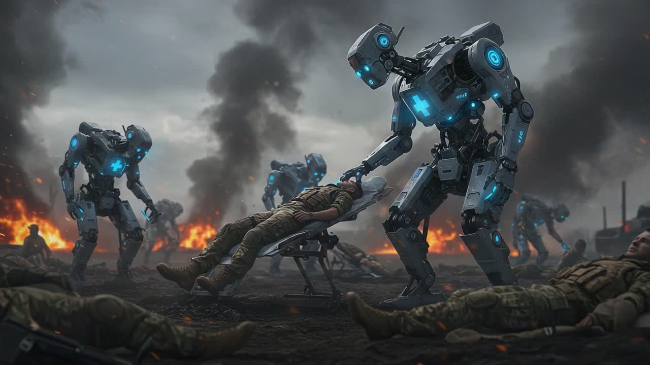 Su un campo di battaglia distopico, medici robotici lavorano instancabilmente tra il caos, salvando soldati feriti tra distruzione e fiamme, mettendo in mostra la fusione di tecnologia e guerra.
