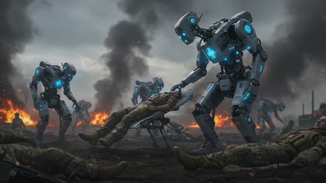 in a dystopian battlefield, robotic medics work tirelessly among the chaos, rescuing wounded soldiers amidst the destruction and flames, showcasing the merging of technology and warfare
