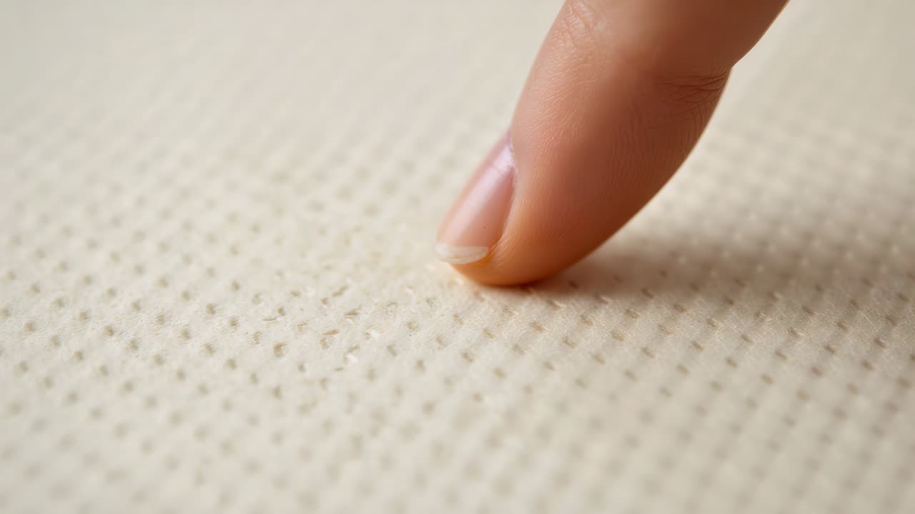 Doigt appuyant sur un matelas blanc cassé à pointillés, testant la texture, espace de copie