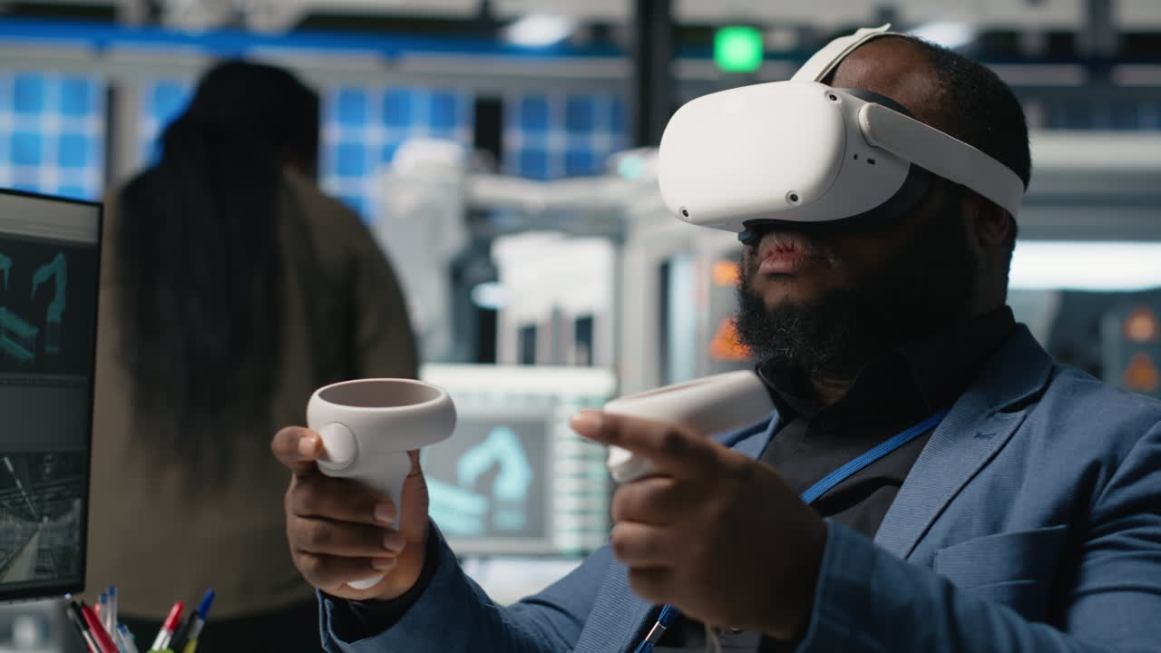 Man Using Virtual Reality Headset in a Tech Lab