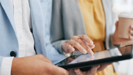 tablet, typing and hands of business people