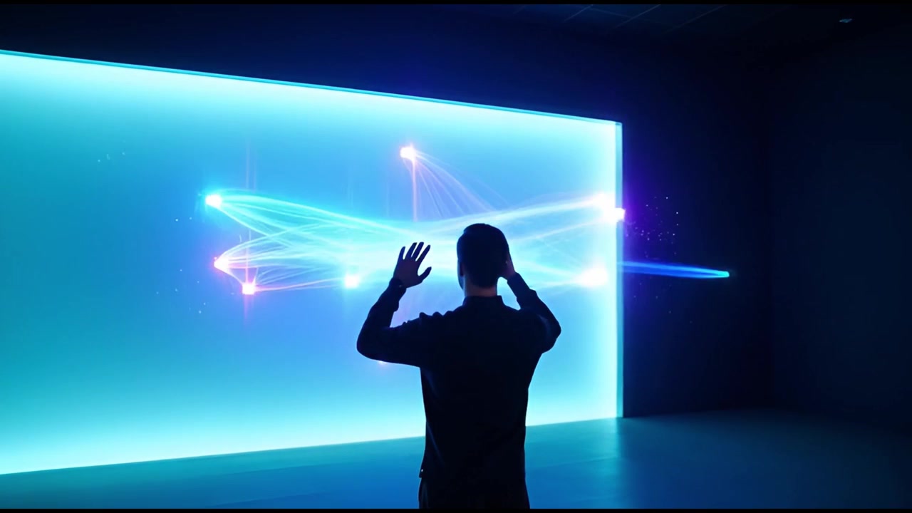 Silhouette Man Interacting with Futuristic Holographic Display