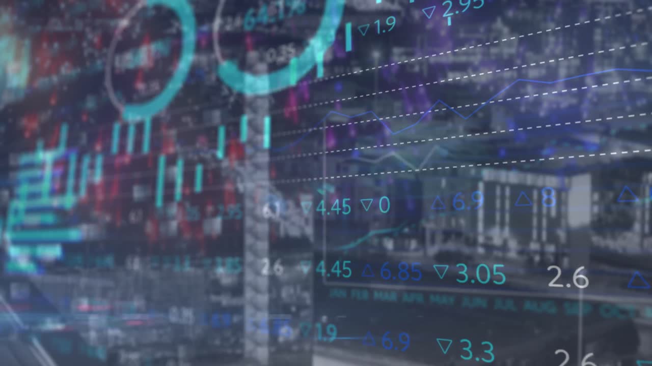 Animation of data processing over cityscape
