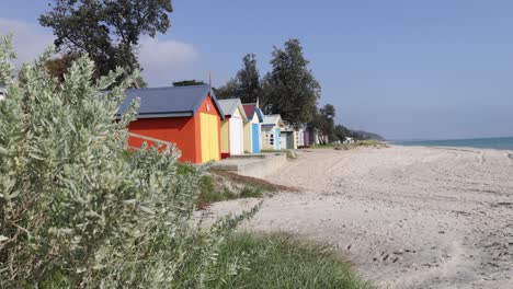 vibrant beach boxes along a serene coastline