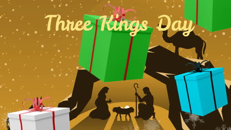 animation of present icons and three kings day text over nativity