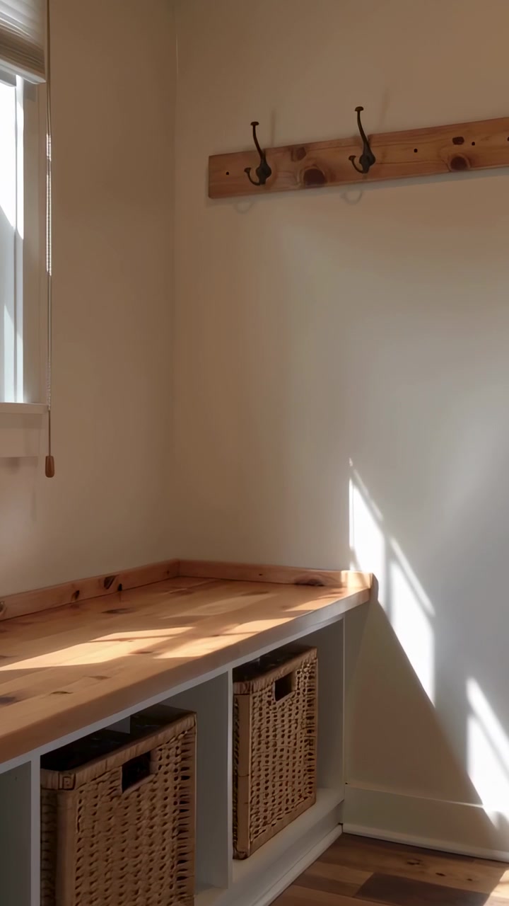 Vertical video: Panning camera following sunlight shifting across bench at home entry with baskets