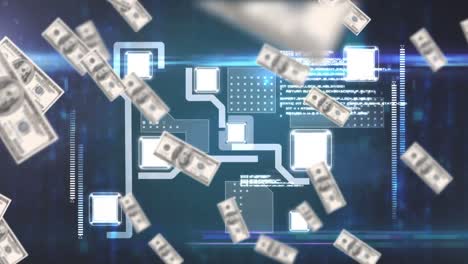 animación de billetes de dólares estadounidenses que caen sobre estadísticas y procesamiento de datos