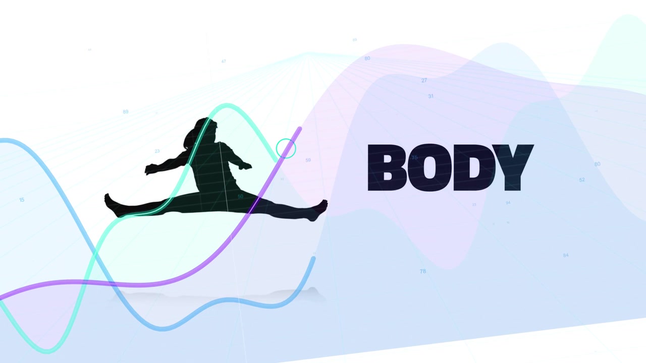 FITNESS appearing, lines drawing, HEALTH shifting, figure sliding stretching, MIND forming balance