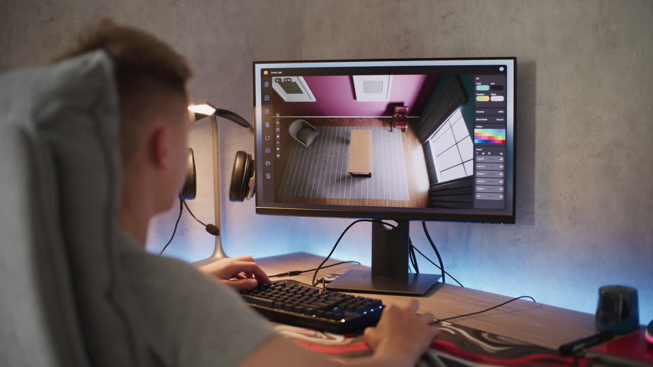 persona que trabaja en un software de diseño de habitaciones en una computadora