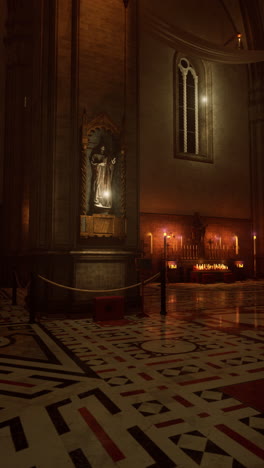 inside a catholic church with candles lit and a statue of a saint