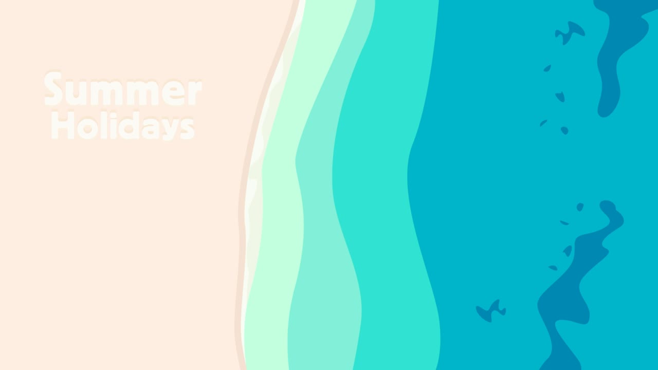 애니메이션 일러스트레이션, 여름 휴가 배경, 해변의 파도, 평평한 디자인의 공중 전망, 원활한 루프 일러스트