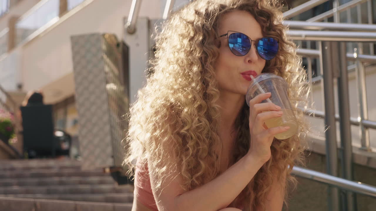 mujer elegante disfrutando de una bebida al aire libre