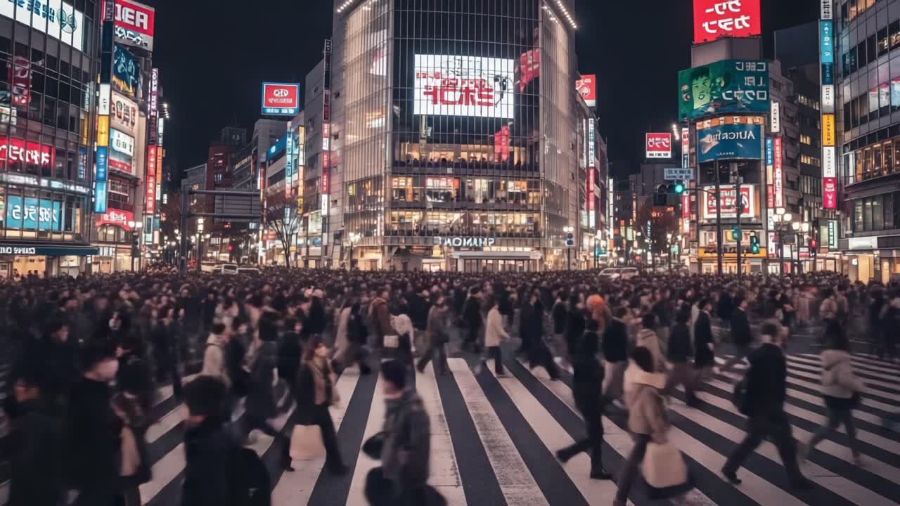 A Bustling Night Scene at a Busy Intersection Filled with Crowds, Neon Lights, and Dynamic Movement Captured in Two Frames Highlighting Urban Life and Energy
