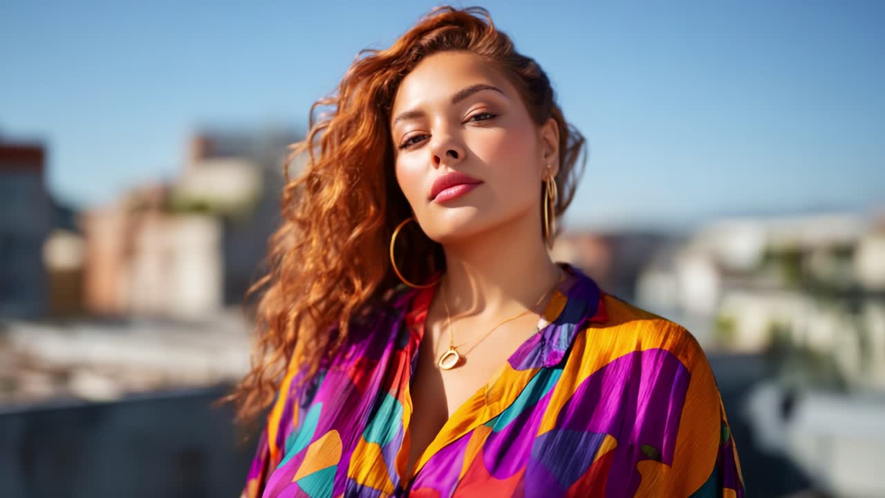 Vivace ritratto di moda: una donna sicura di sé con capelli ricci che posa su uno sfondo luminoso e urbano, mettendo in mostra stile ed eleganza contemporanei