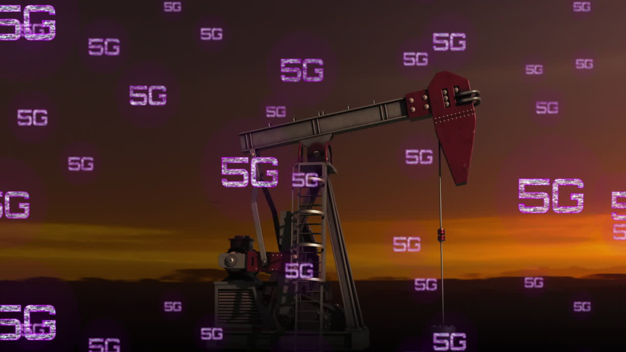 texto de 5g repetido sobre la bomba de aceite en el campo al atardecer.