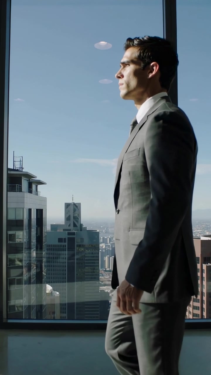 Video vertical: Hombre con traje gris y corbata caminando al inicio de la toma a través de la oficina, pasando una ventana alta y el horizonte.
