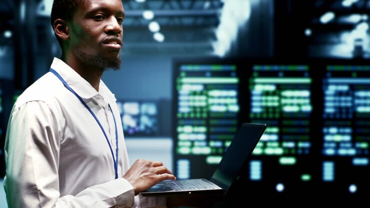 Technician inspects crypto mining server