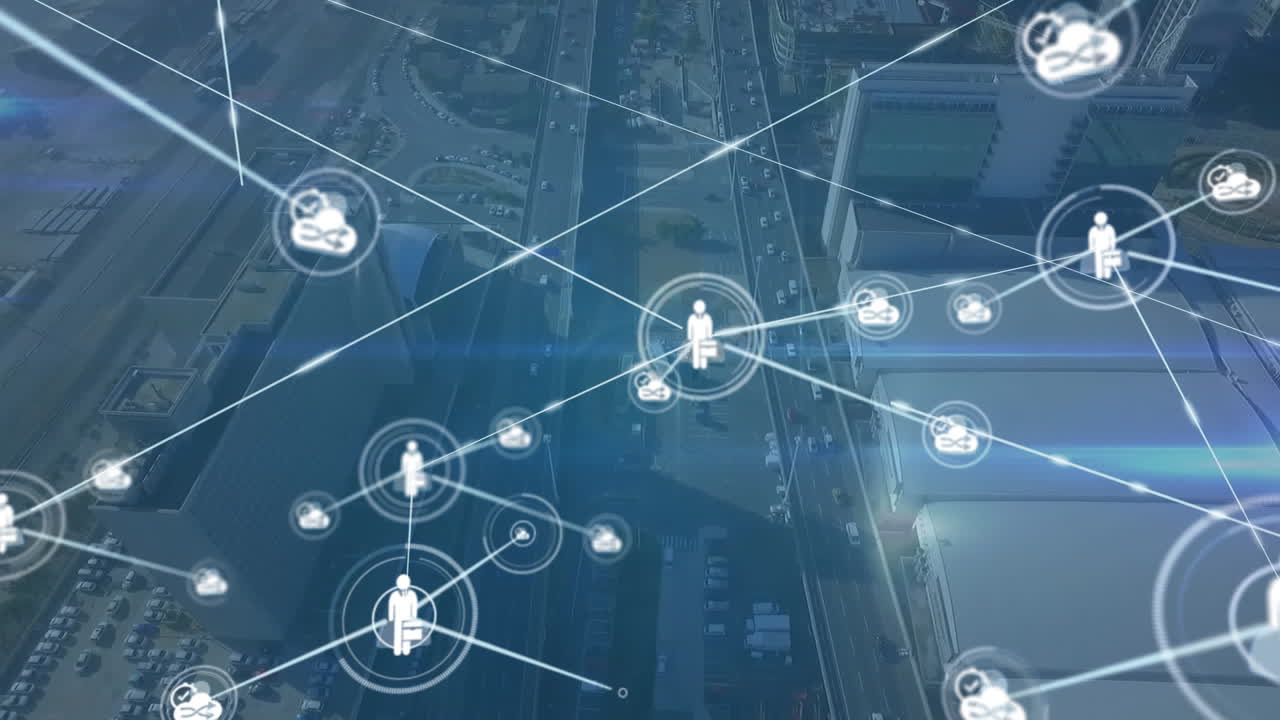 Animation of network of connections over cityscape