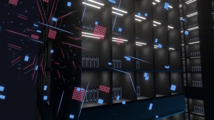 Animation of circuit board and digital data processing over computer servers
