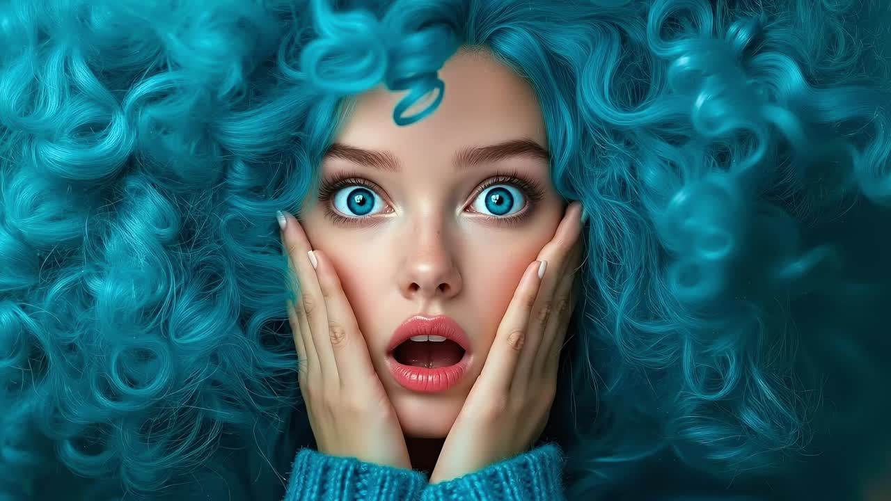 손으로 얼굴을 고 있는 파란 머리카락을 가진 여자