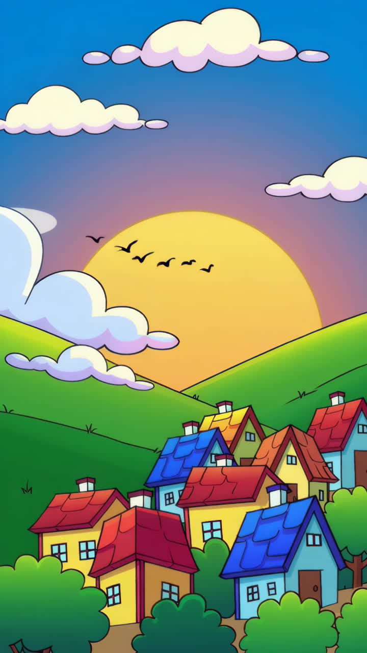Colorful Cartoon Village at Sunset