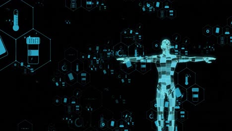 animación de iconos médicos y humano digital en fondo negro