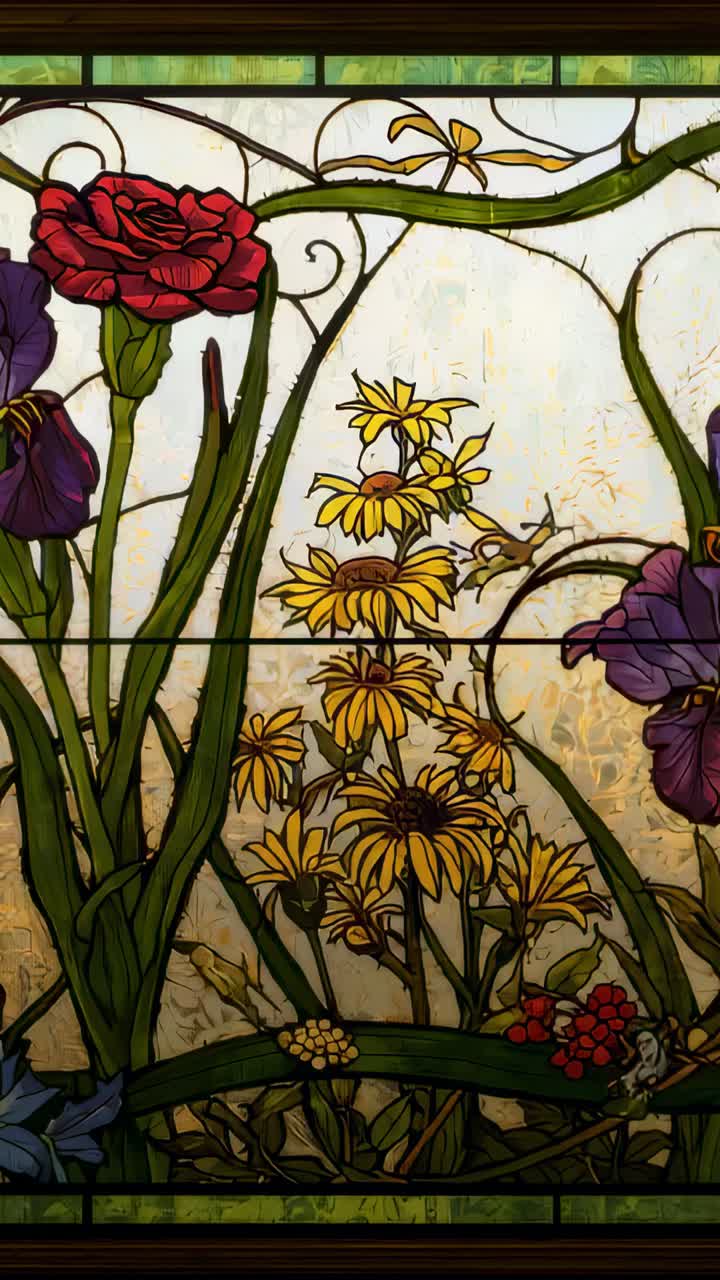 Vertical video: Panning camera revealing stained glass panel in home, showing yellow daisies, rose