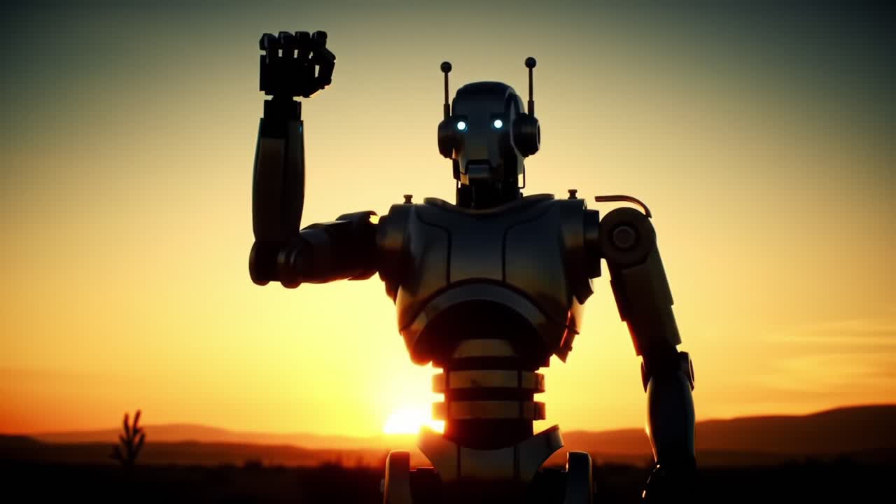 A Futuristic Robot at Sunset: This striking image captures a sleek, humanoid robot silhouetted against a breathtaking sunset, symbolizing the convergence of technology and nature