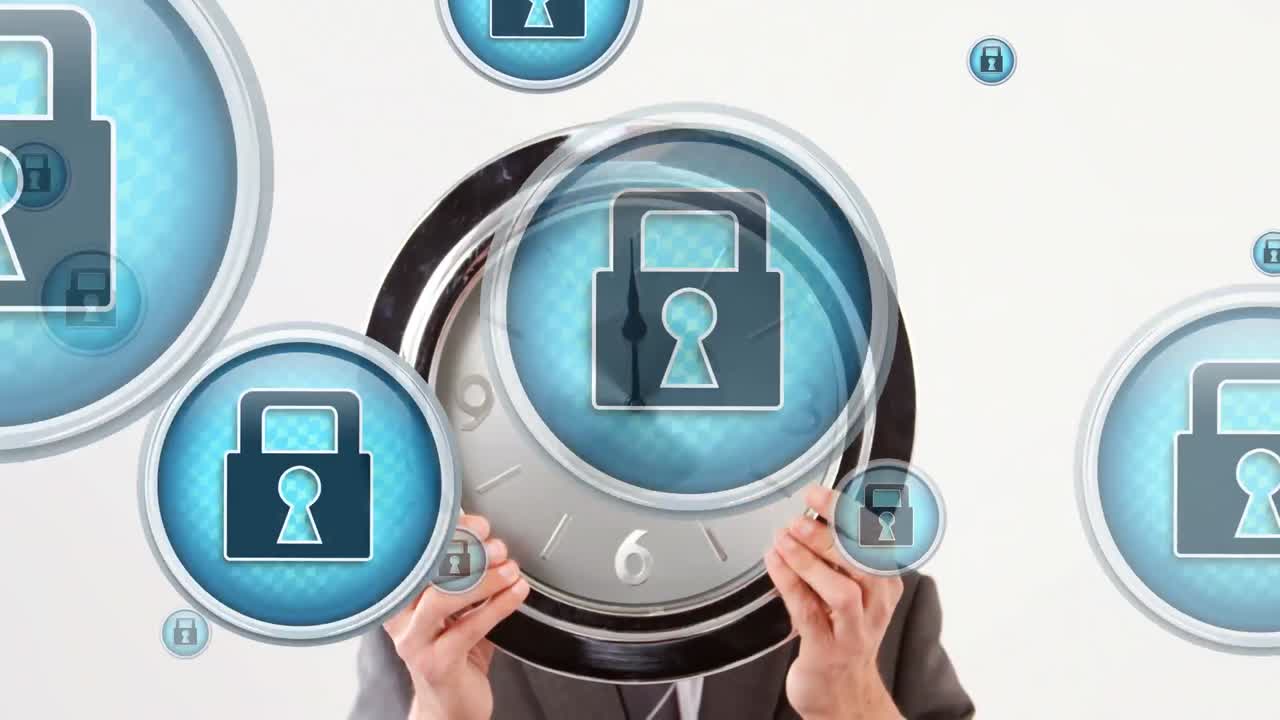 animación de iconos de candados sobre un hombre caucásico sosteniendo un reloj en fondo blanco