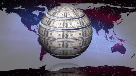 animation of globe made of american dollars spinning over world map