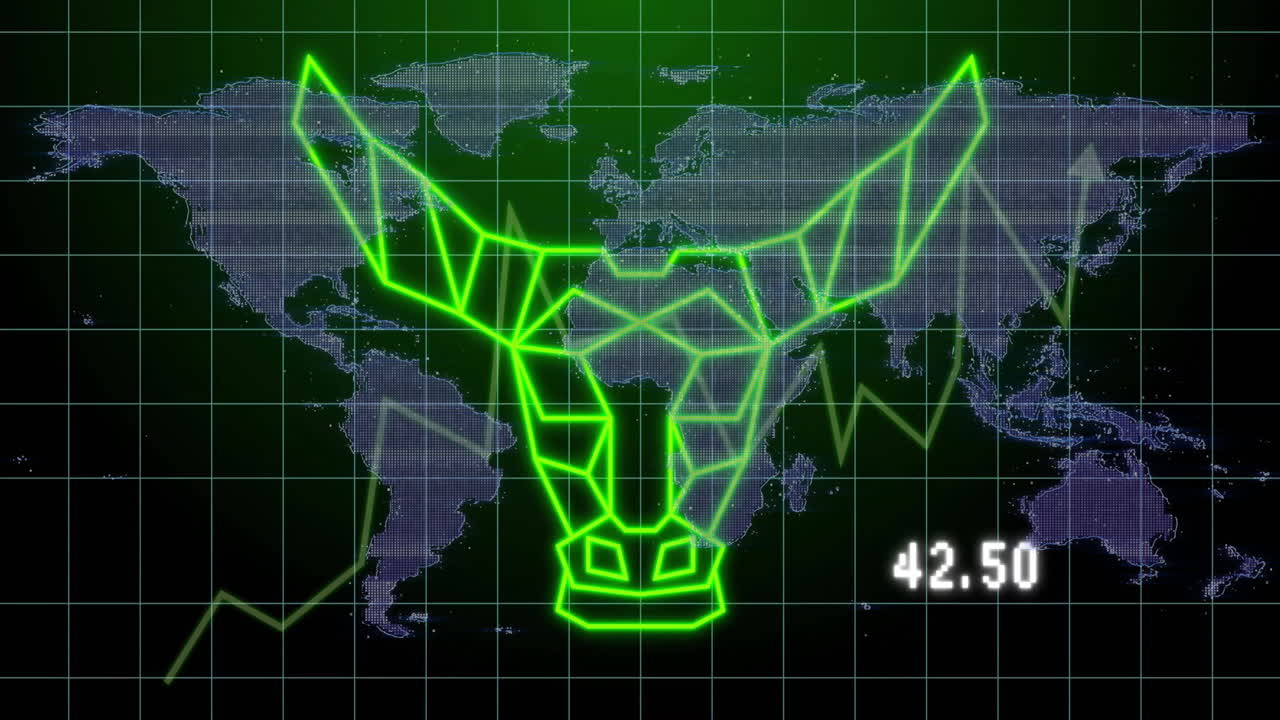 주식 가격 42와 함께 세계 지도 위의 황소 머리 애니메이션