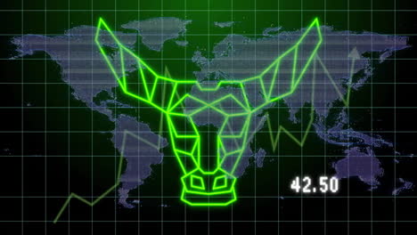 animación de cabeza de toro sobre el mapa del mundo con el precio de las acciones 42