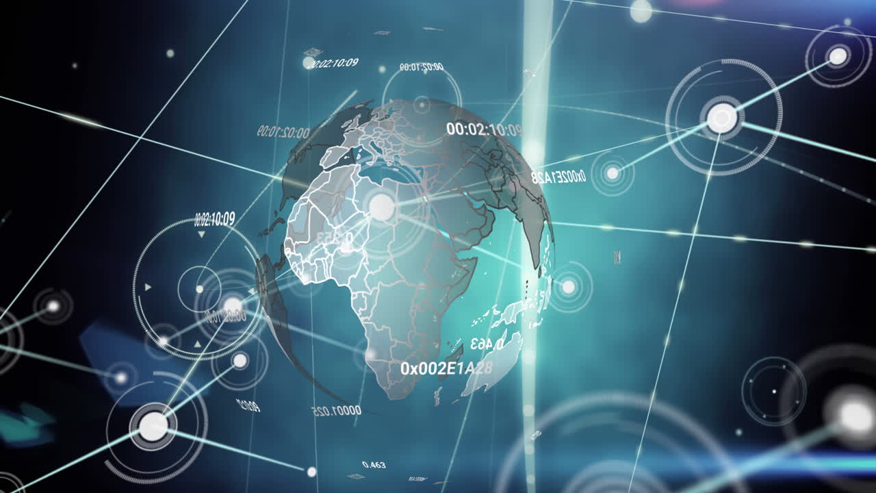 회전하는 지구와 검은 바탕에 있는 파란 빛의 점 위의 연결 네트워크의 애니메이션