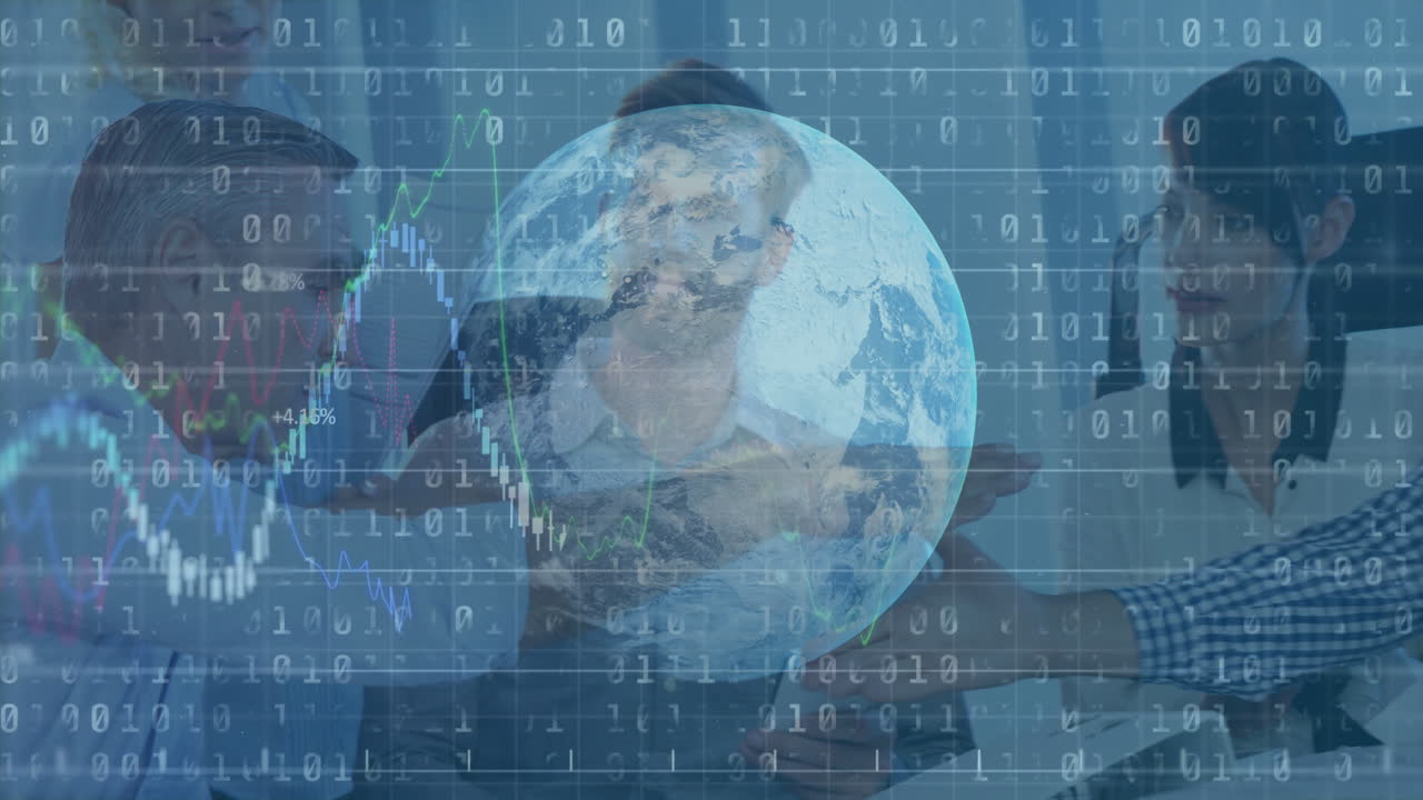 Earth and financial data processing animation over diverse business team in meeting