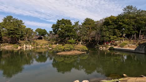 estanque pacífico con peces koi y puente