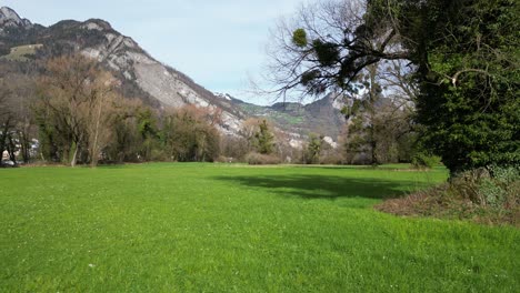 Walking-POV-grass-field-at-the-base-of-mountain-in-Switzerland-Walensee