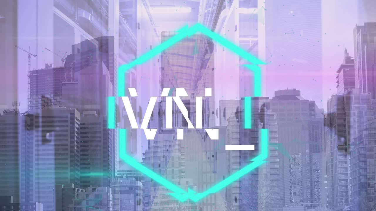 animación de texto nft sobre sala de servidores y paisaje urbano