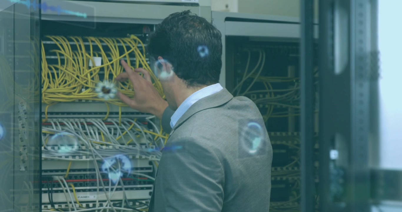 Animation of data processing over caucasian man in server room