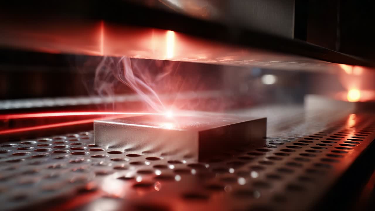 A Close-Up of Metal Fabrication Process Highlighting Precision Laser Cutting Technology Creating Intricate Patterns in a Sheet of Metal with Steam and Light Effects for Industrial Applications
