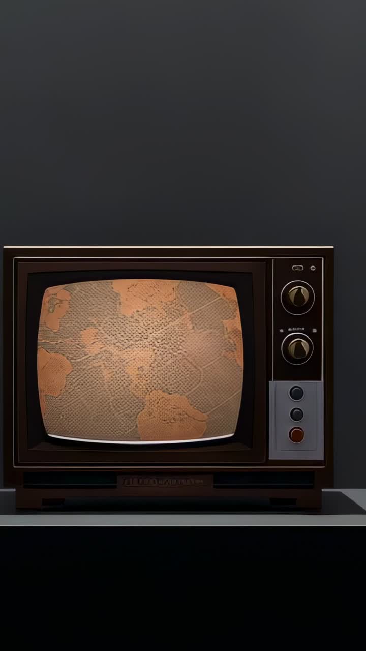 Video verticale: la telecamera zooma su un televisore CRT su un piedistallo nero in uno studio, rivelando un motivo a mosaico