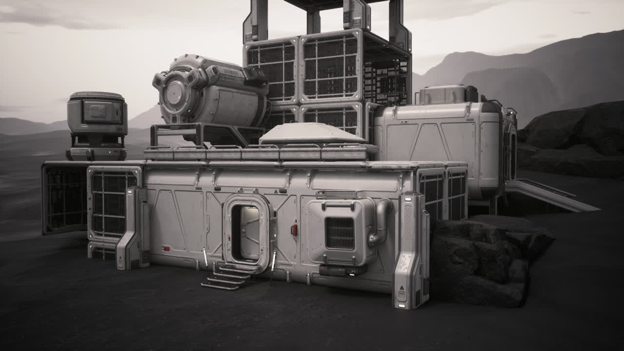 Kolonistická základna založená na vzdálené planetě s členitým terénem a stroji