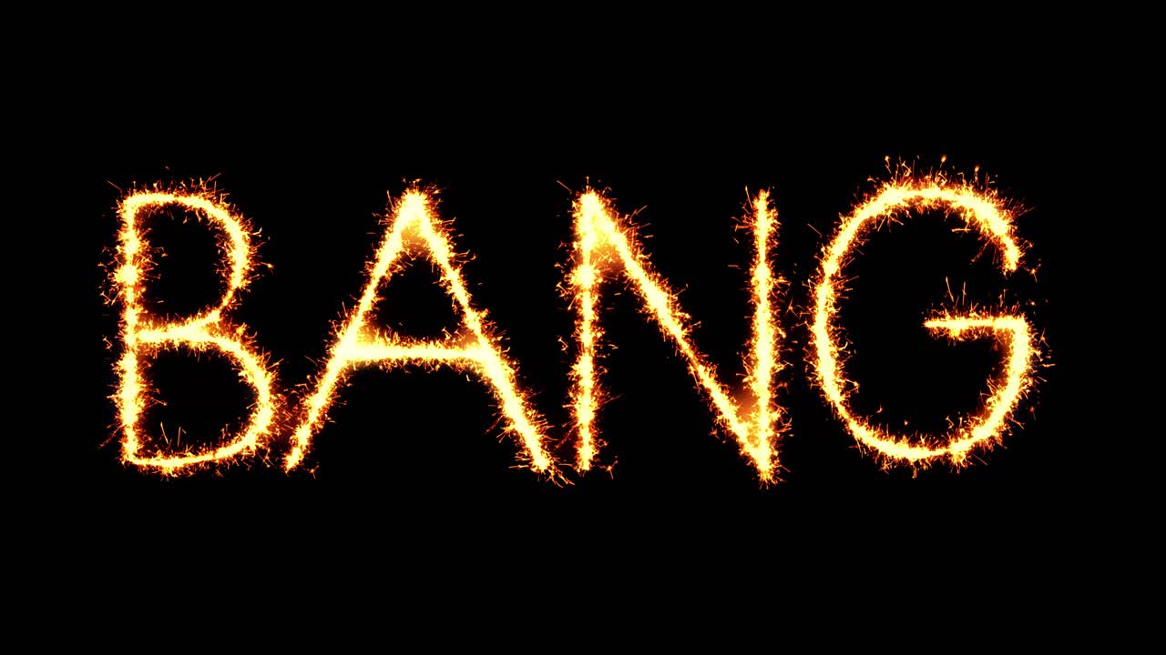 Bang text sparkler writing with glitter sparks particles firework on black 4k loop background